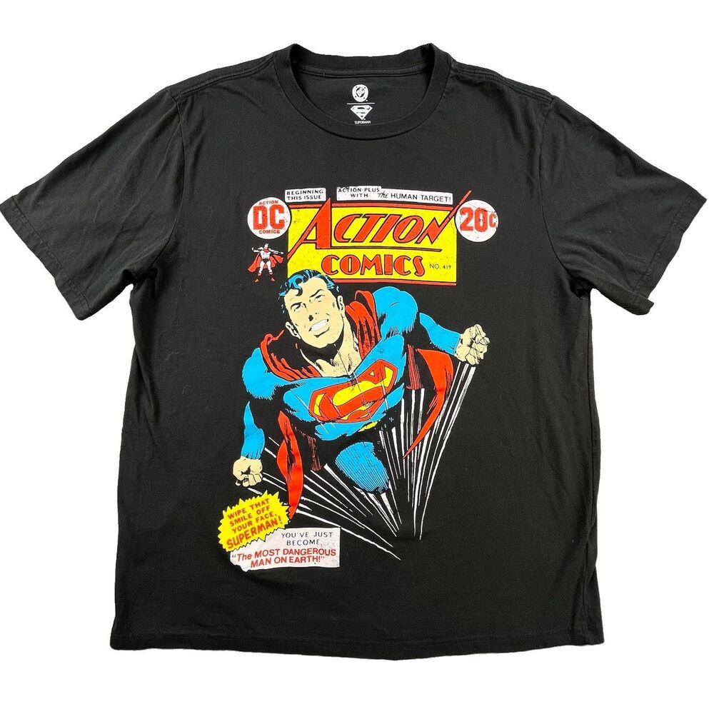 SUPERMAN T-Shirt Men’s Large Black Short Sleeve Retro Action DC Action Comics